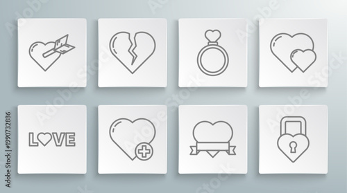 Set line Love text, Broken heart or divorce, Heart, and ribbon, Castle in the shape of, Wedding rings, and Amour with arrow icon. Vector