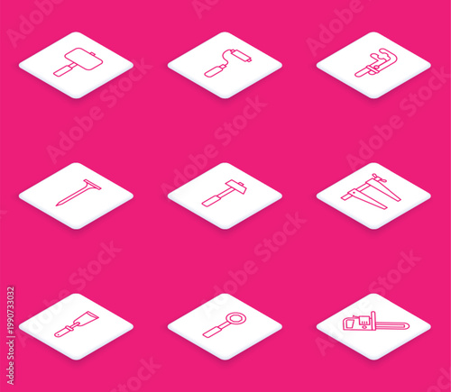 Set line Sledgehammer, Paint roller brush, Clamp tool, Metallic nail, Hammer, Putty knife and Wrench spanner icon. Vector