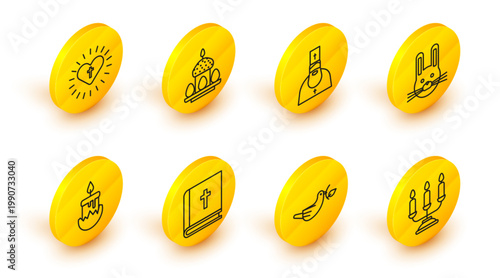 Set line Candelabrum with candlesticks, Peace dove olive branch, Holy bible book, Burning, Easter rabbit, Priest, cake eggs and Christian cross heart icon. Vector
