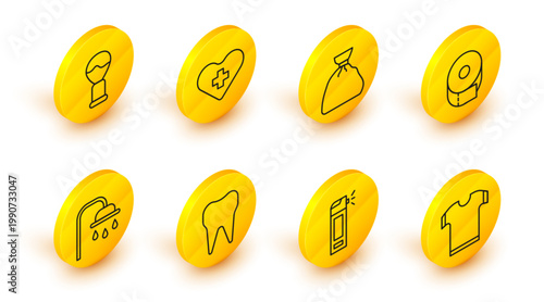 Set line T-shirt, Bottle with nozzle spray, Tooth, Shower head, Toilet paper roll, Garbage bag, Heart cross and Shaving brush icon. Vector