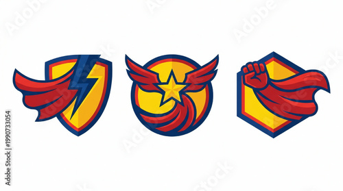 Superhero Emblem Collection Featuring Capes and Shields.