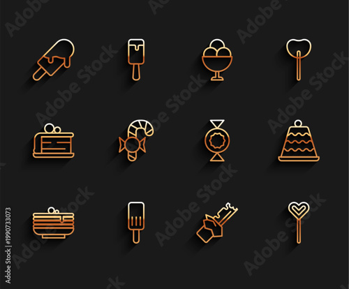 Set line Stack of pancakes, Ice cream, Bitten chocolate bar, Lollipop, Christmas candy cane, Cake and Candy icon. Vector