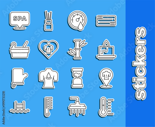 Set line Sauna thermometer, Massage, Aroma candle, bucket ladle, Spa salon and Bamboo icon. Vector