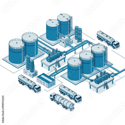 Isometric Oil Refinery Plant with Storage Tanks and Trucks.