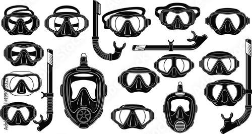 Diving Mask and Snorkel Icon Set Featuring Different Styles and Designs for Water Sports and Scuba Diving