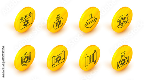 Set line Jewish money bag, Torah scroll, Shield with Star of David, synagogue, Hanukkah dreidel, Burning candle and calendar icon. Vector