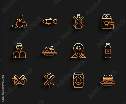 Set line No junk food, doping syringe, Fruit, Soda can, Junk, Healthy, Bottle of water and Meditation icon. Vector
