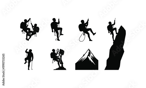 Illustrations of climbers and camping activities on a mountain landscape