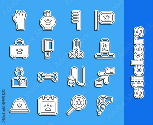 Set line Hair dryer, Retractable cord leash, Cat scratching post, brush for dog and cat, Pet first aid kit, Paw print and Scissors hairdresser icon. Vector