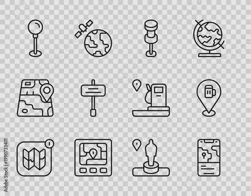 Set line Infographic of city map, City navigation, Push pin, Gps device with, Road traffic sign, Location and monument and Alcohol or beer bar location icon. Vector
