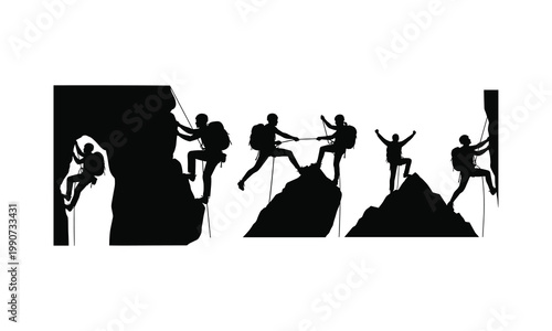 Journey of climbers ascending a challenging rock face together in sequence