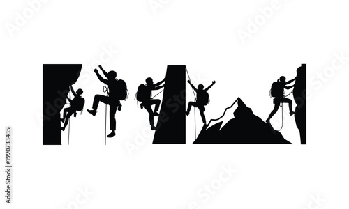 Determination and perseverance depicted through rock climbing silhouettes against a mountain backdrop