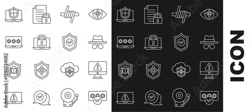 Set line Password protection, Monitor with exclamation mark, Incognito mode, Barbed wire, Laptop and lock, password, protected shield and Shield check icon. Vector