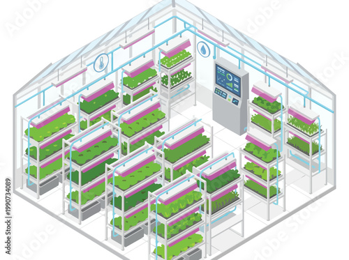 An isometric view of a smart agriculture greenhouse with multiple shelves of plants and a control panel showing modern technology for efficient farming practices indoors.
