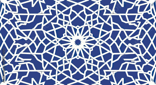 Bild auf Leinwand Symmetrical blue and white geometric pattern with central starburst motif