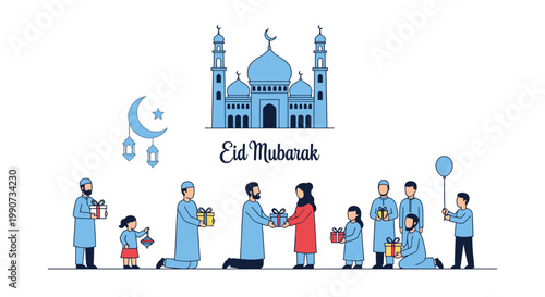Eid Mubarak celebration with Muslim family exchanging gifts in front of a blue mosque