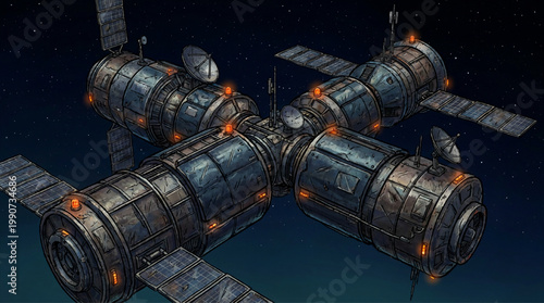 Space station in orbit with solar panels and satellite dishes