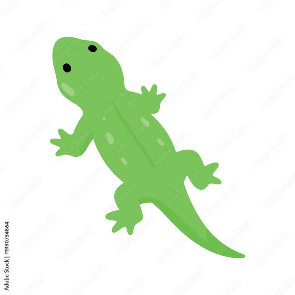 Fototapeta premium Cartoon illustration of a bright green lizard with small legs and black eyes on a white background