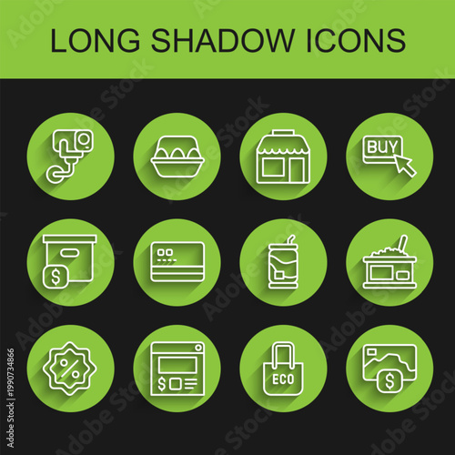 Set line Discount percent tag, Online ordering and delivery, Security camera, Shopping bag with recycle, Credit card, Tin can caviar and Soda icon. Vector