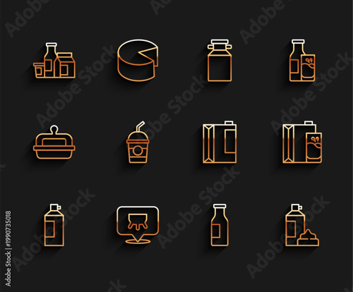 Set line Whipped cream in bottle, Udder, Milk product, Bottle with milk, Milkshake, Paper package for and kefir icon. Vector