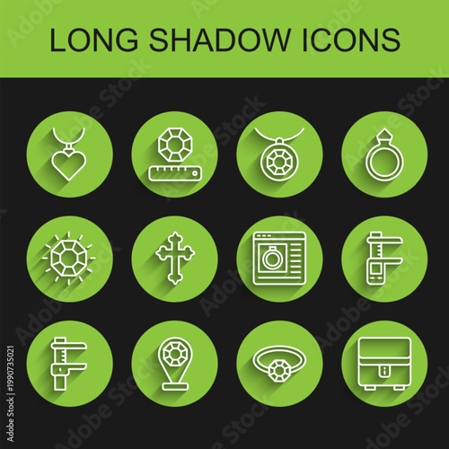 Set line Calliper or caliper and scale, Jewelry store, Necklace with heart shaped pendant, Diamond engagement ring, box, Christian cross, and online shopping icon. Vector