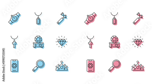 Set line Jewelry online shopping, Magnifying glass, Wrist watch, King crown, Gem stone, Diamond, Christian cross chain and Pendant necklace icon. Vector