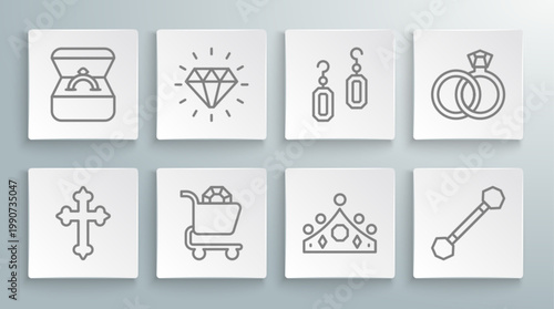 Set line Christian cross, Diamond, Jewelry online shopping, King crown, Piercing, Earrings, Wedding and engagement box icon. Vector
