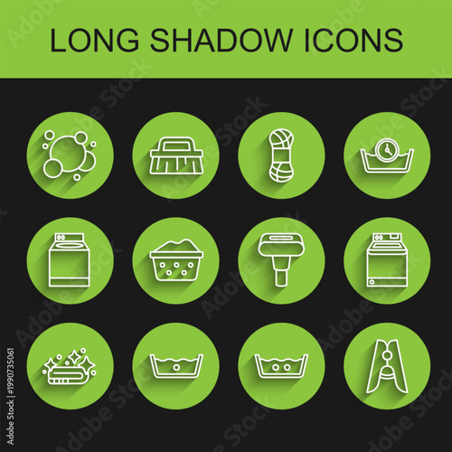 Set line Towel stack, Temperature wash, Soap water bubbles, Clothes pin, Basin with soap suds, Washer and Garment steamer icon. Vector