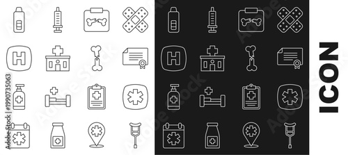 Set line Crutch or crutches, Emergency - Star of Life, Certificate template, X-ray shots with broken bone, Hospital building, signboard, Digital thermometer and Human icon. Vector