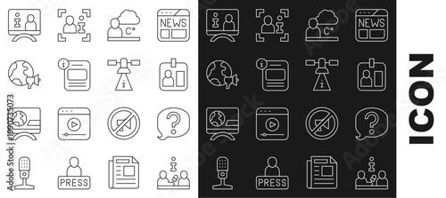 Set line Interview, Speech bubble chat, Journalist id card, Weather forecast, Information, World news, Television report and Satellite icon. Vector