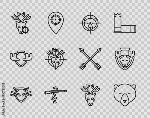 Set line Deer antlers on shield, Bear head, Hunt bear with crosshairs, Gun shooting, deer, and Moose icon. Vector