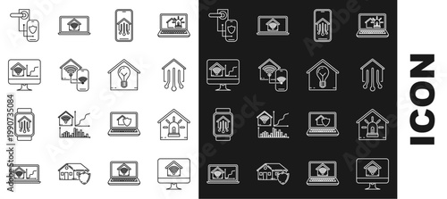 Set line Computer monitor with smart home with wi-fi, Smart house and alarm, Mobile phone, Digital door lock wireless technology for lock and light bulb icon. Vector