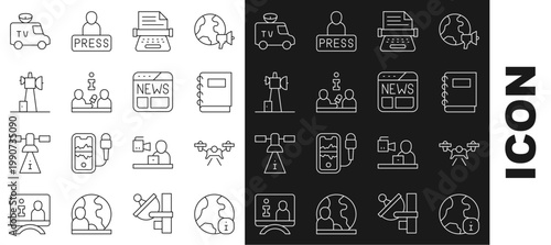 Set line World news, Drone, Notebook, Retro typewriter, Interview, Antenna, TV News car and icon. Vector