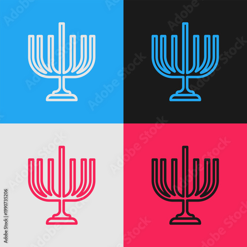 Pop art line Hanukkah menorah icon isolated on color background. Hanukkah traditional symbol. Holiday religion, jewish festival of Lights. Vector