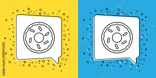 Set line Donut with sweet glaze icon isolated on yellow and blue background. Vector