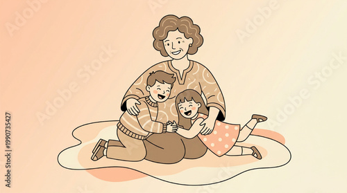 A grandmother embracing her grandchildren with love and affection
