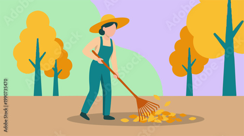 Woman raking fallen autumn leaves in a park, flat illustration