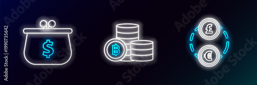 Set line Money exchange, Wallet with with dollar symbol and Cryptocurrency coin Bitcoin icon. Glowing neon. Vector