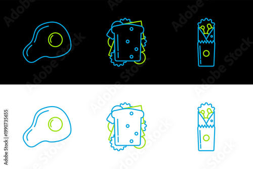 Set line Doner kebab, Scrambled eggs and Sandwich icon. Vector