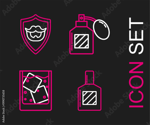 Set line Aftershave, Glass of whiskey and ice cubes, and Mustache beard on shield icon. Vector