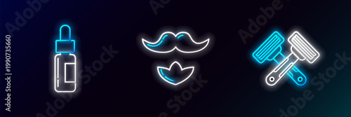 Set line Crossed shaving razor, Glass bottle with pipette and Mustache and beard icon. Glowing neon. Vector
