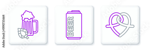Set line Pretzel, Glass of beer and hop and Beer can icon. Vector