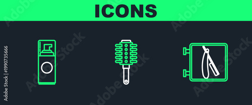 Set line Barbershop with razor, Shaving gel foam and Hairbrush icon. Vector