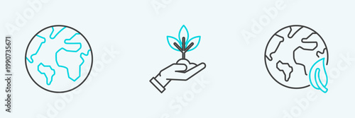 Set line Earth globe and leaf, and Plant in hand of environmental protection icon. Vector