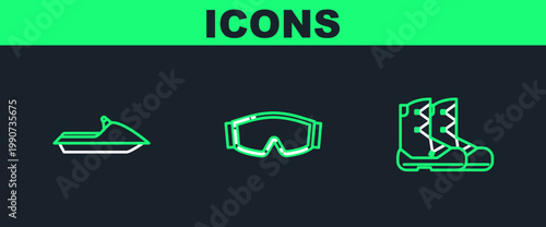 Set line Boots, Jet ski and Ski goggles icon. Vector