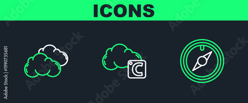 Set line Wind rose, Cloud and Celsius and cloud icon. Vector