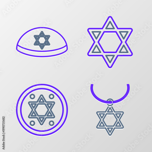 Set line Star of David necklace on chain, Jewish coin, and kippah with star david icon. Vector