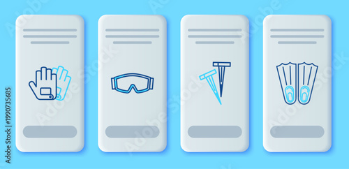 Set line Ski goggles, Pegs for tents, Gloves and Rubber flippers swimming icon. Vector