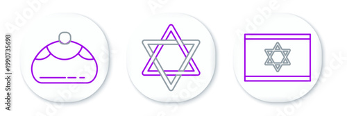 Set line Flag of Israel, Jewish sweet bakery and Star David icon. Vector