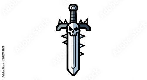 Spiked Skull Fantasy Sword Vector Illustration, Dark Medieval Weapon Design for Gaming and RPG Assets, Sharp Blade Graphic Icon for Fantasy Roleplaying Game Interface